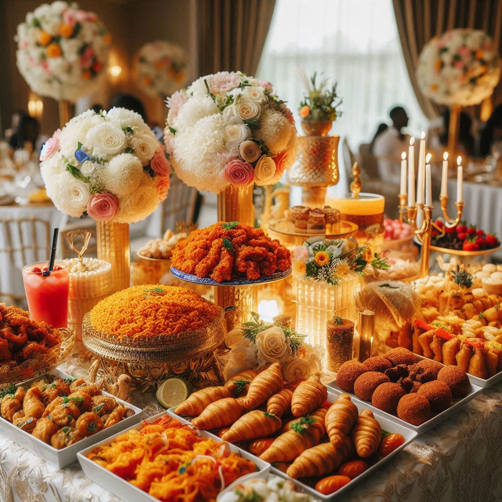 An elegant wedding reception table set up in Atlanta featuring a blend of traditional Nigerian and modern American dishes. 