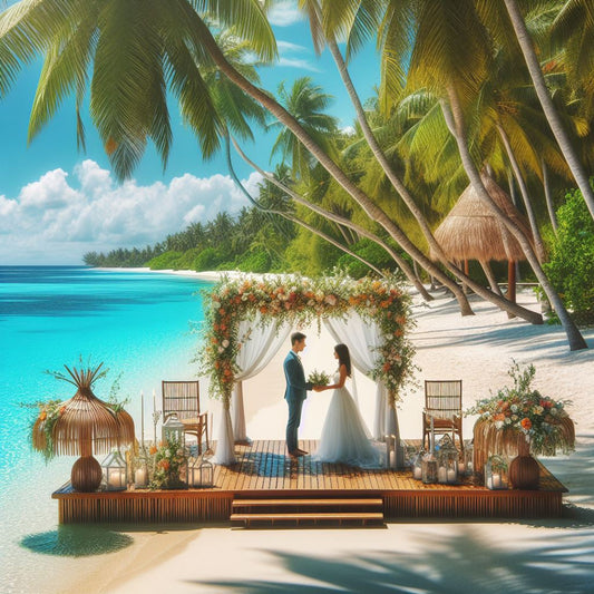couple exchanging vows under a bamboo canopy adorned with tropical flowers.