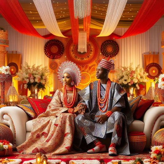 Bride and groom in traditional Nigerian attire.
