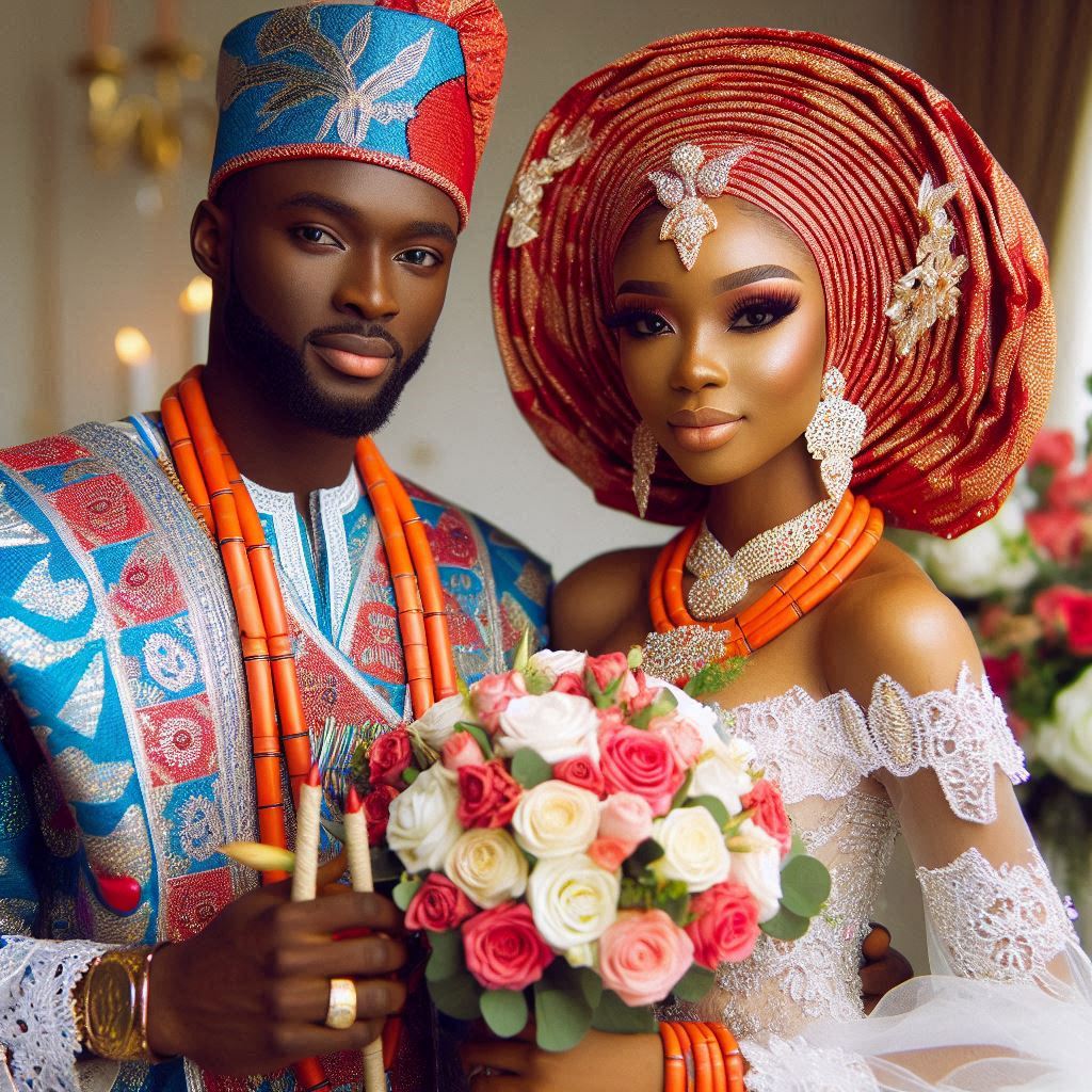 Hausa couple in traditional wedding attire.