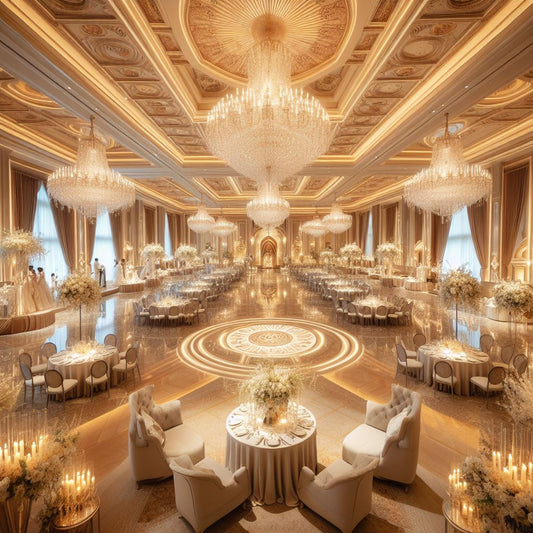 A luxurious wedding venue with high ceilings, chandeliers, and elegant decor