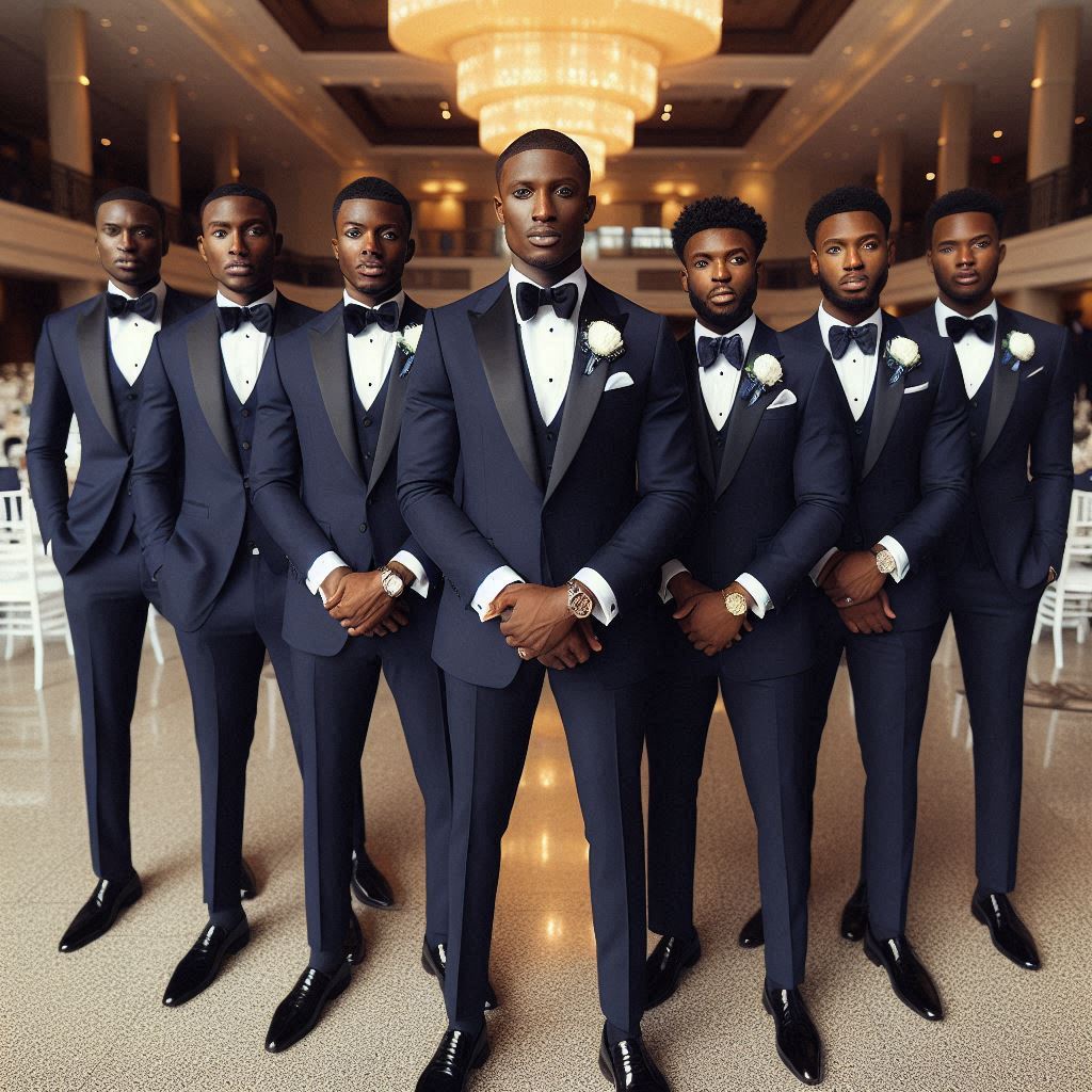 A groom and his groomsmen are standing in a luxurious, well-decorated wedding hall in Atlanta.