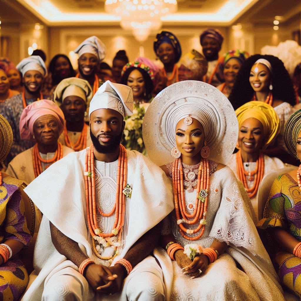 Nigerian bride and groom in traditional attire, surrounded by vibrant decor at a Texas wedding venue.