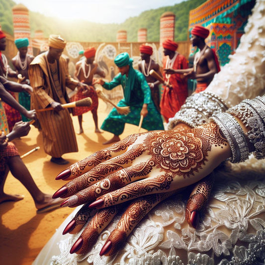 Nigerian bride adorned with intricate henna designs on her hands.
