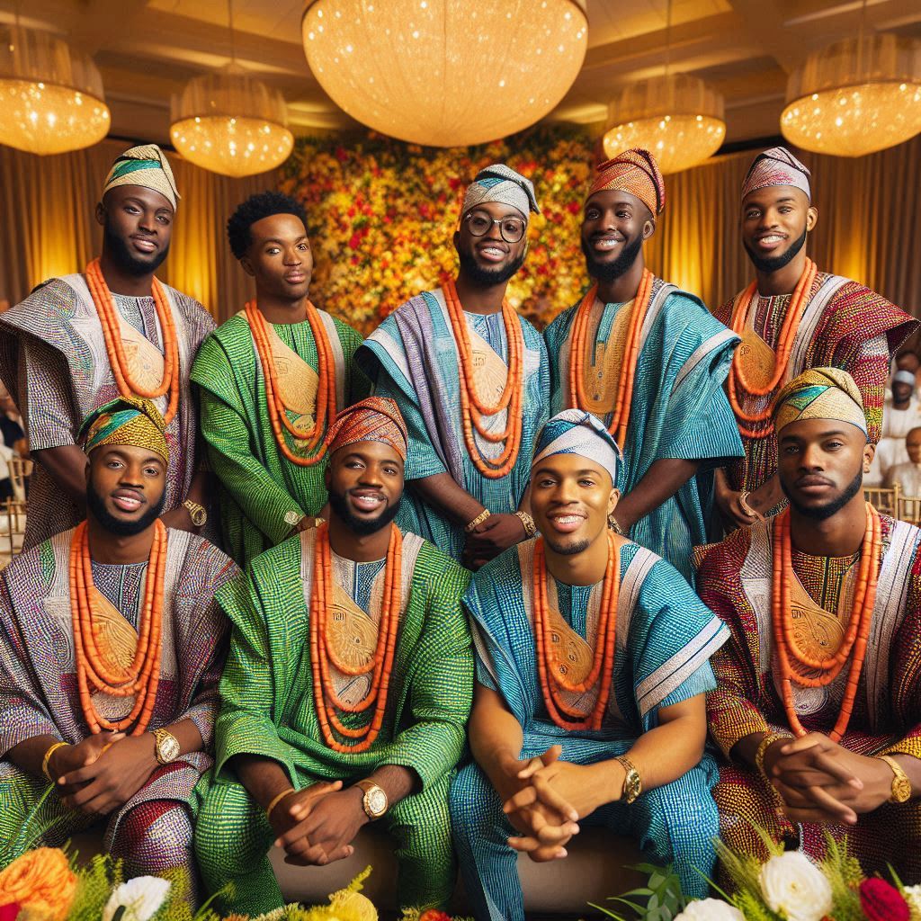 group of groomsmen standing together in vibrant traditional Nigerian attire. 