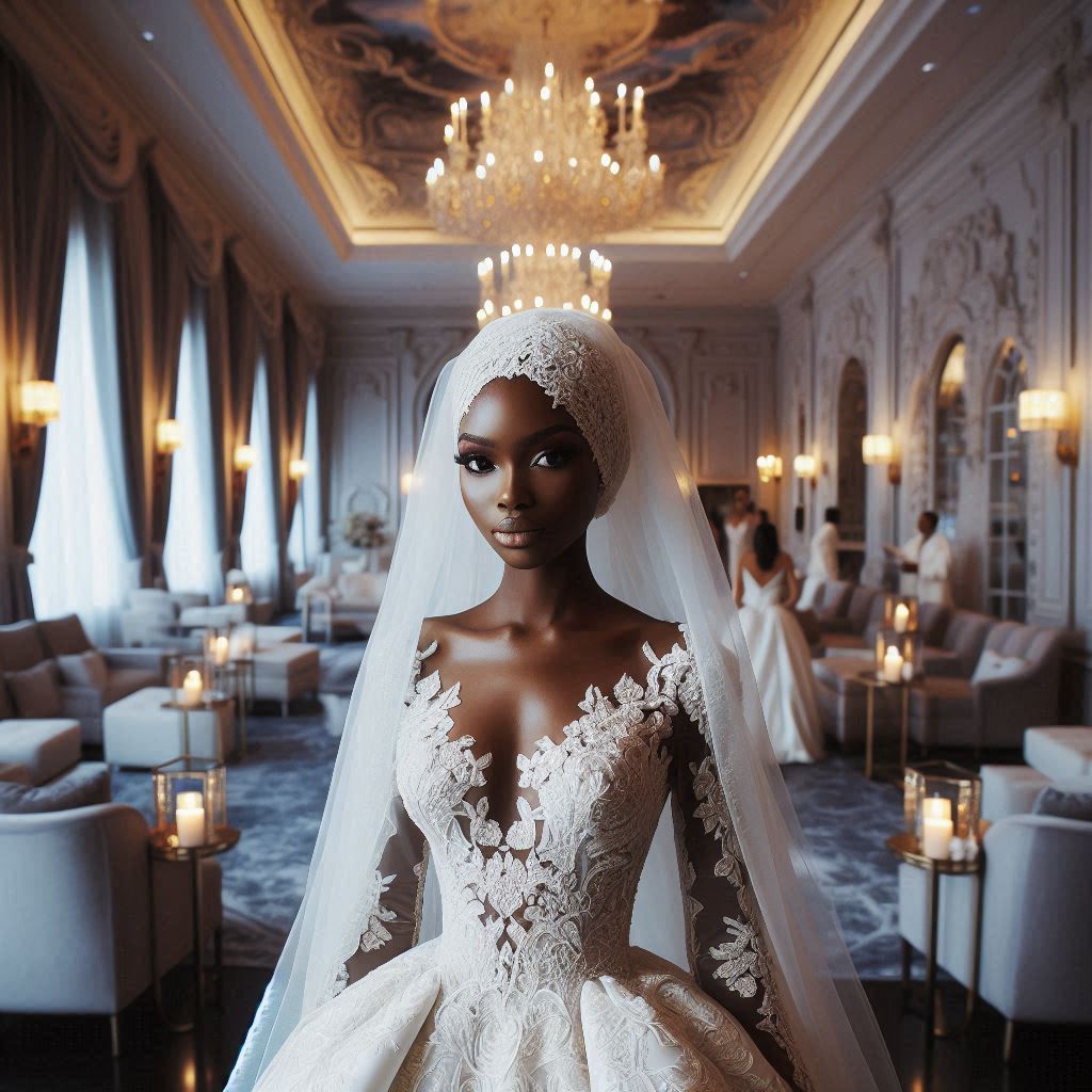 A stunning bride stands in a beautiful wedding gown.