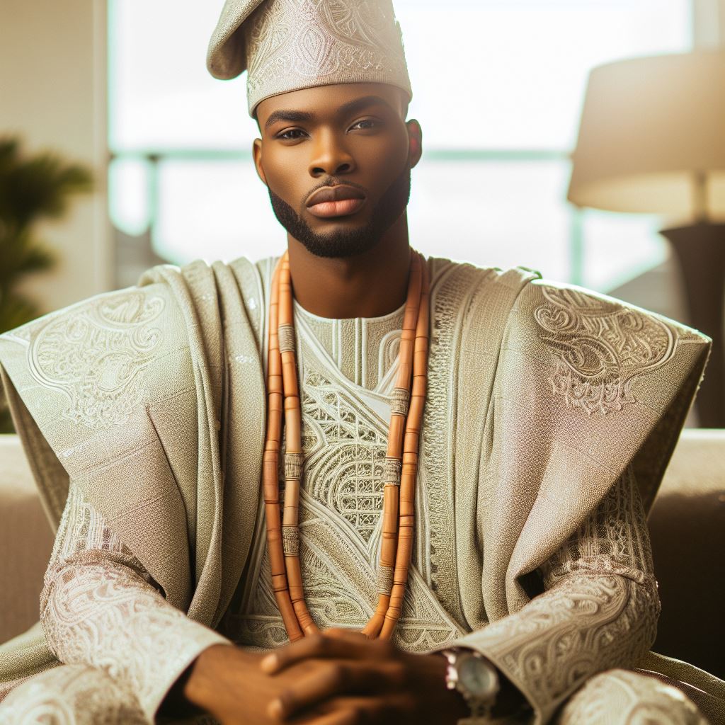 Nigerian groom adorned in traditional attire.