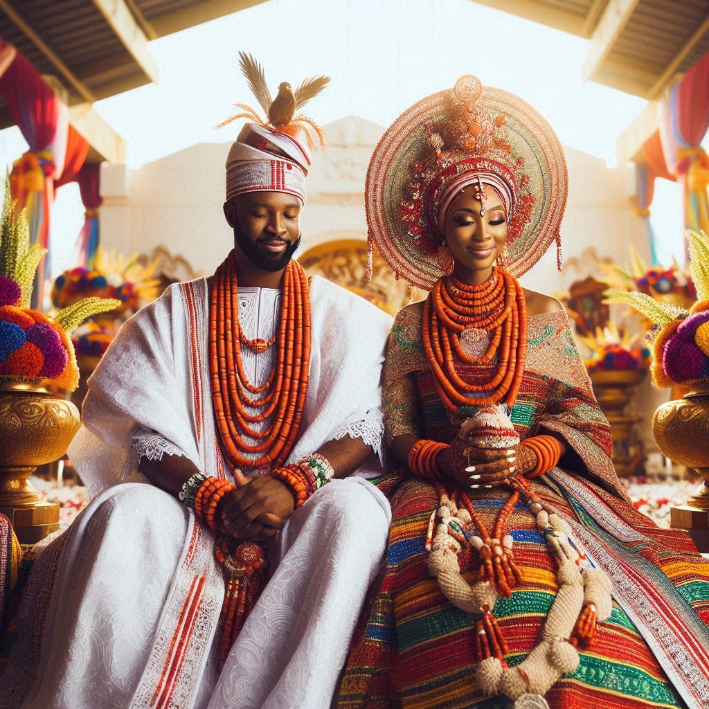 A bride and groom in traditional Nigerian wedding attire.