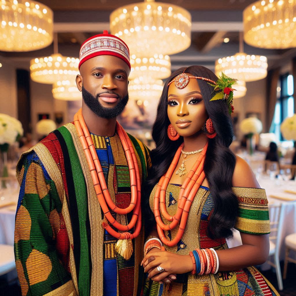  Igbo Nigerian couple dressed in traditional wedding attire. 