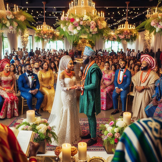 a bride and groom dressed in traditional Yoruba attire, surrounded by family and friends in a beautifully decorated venue. 