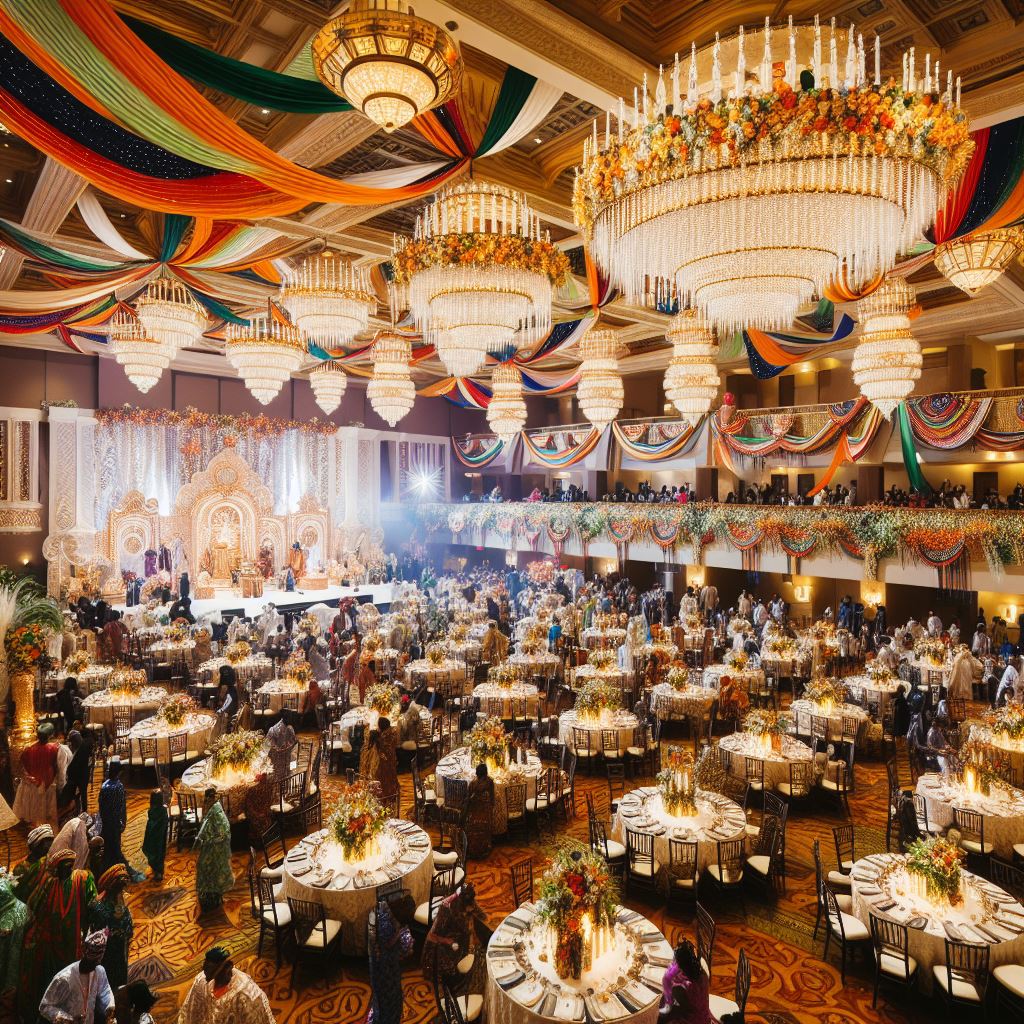 An elegant ballroom with traditional Nigerian decorations, such as vibrant fabrics and ornate centerpieces. 