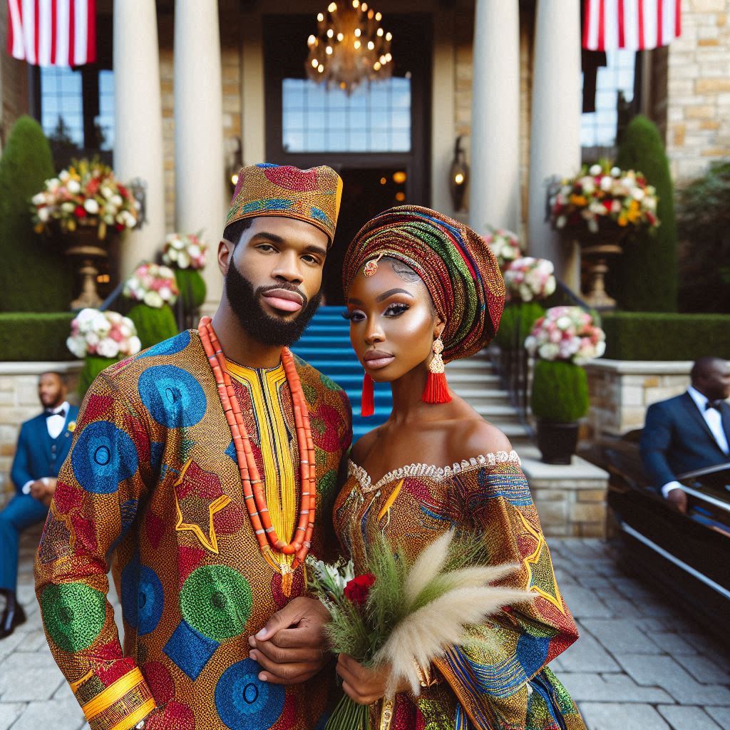 A vibrant Nigerian wedding ceremony in Atlanta, showcasing a couple dressed in traditional attire.