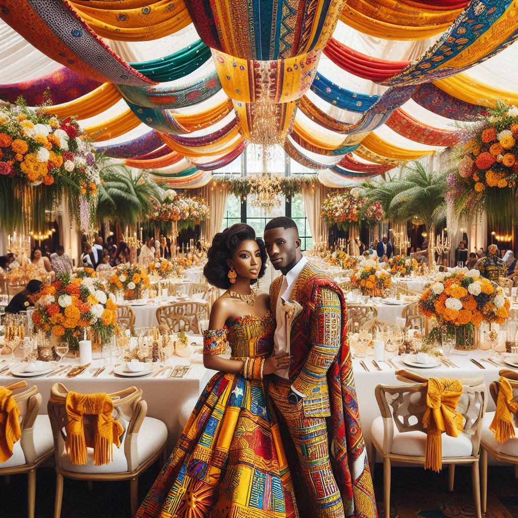 A Nigerian couple in a beautifully decorated wedding venue in Texas.