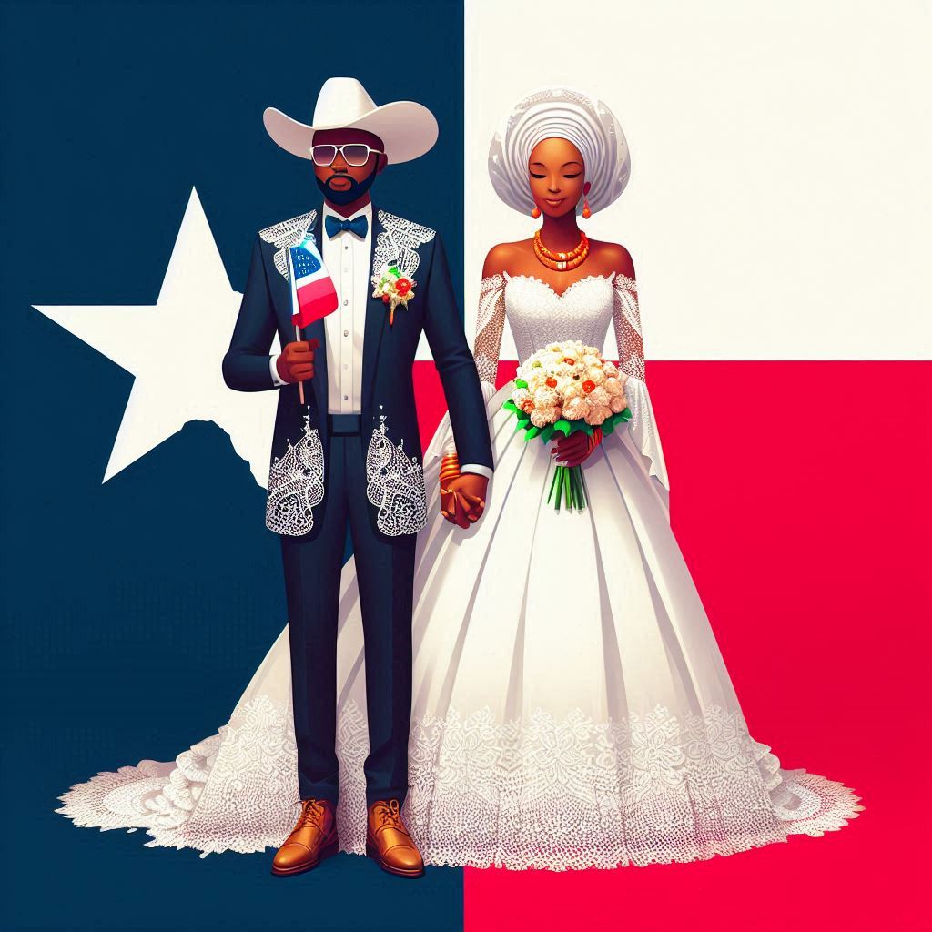 A groom and bride complemented by the fusion of Nigerian and Texan wedding traditions.