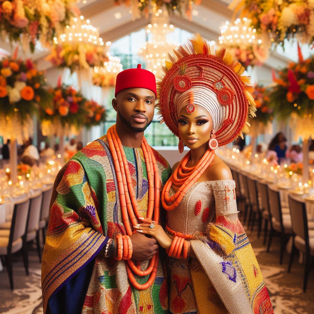 Nigerian couple in traditional Nigerian wedding attire.