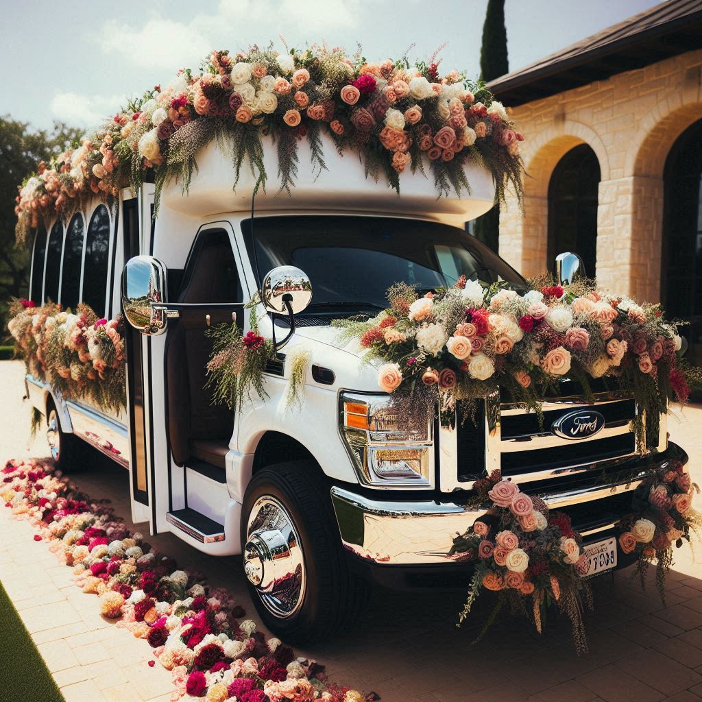 a luxurious shuttle decorated with flowers,  for transporting guests to and from a stylish wedding venue in Texas.