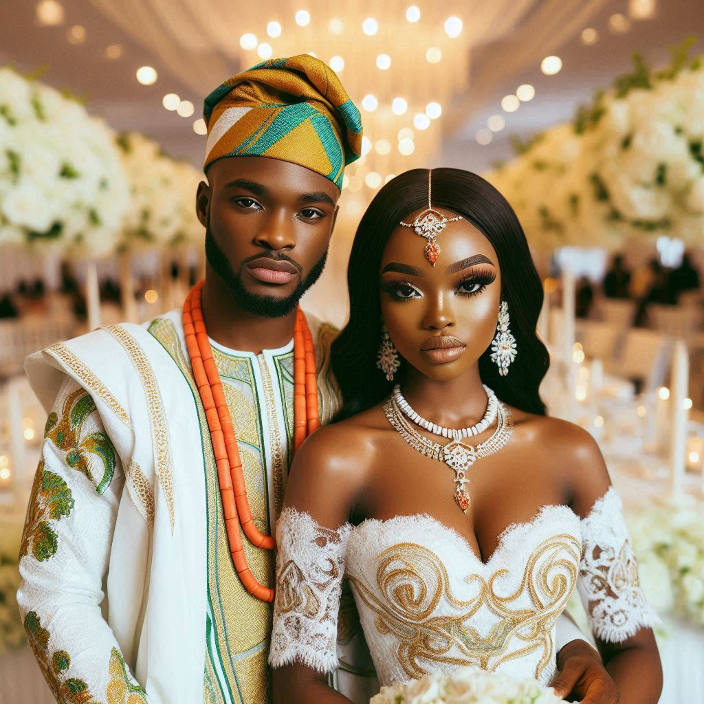 Nigerian couple standing at the altar during their wedding church service in Atlanta.