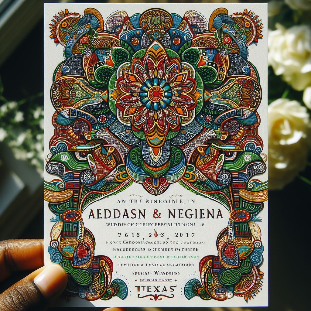 A beautifully designed wedding invitation featuring intricate Nigerian patterns and vibrant colors