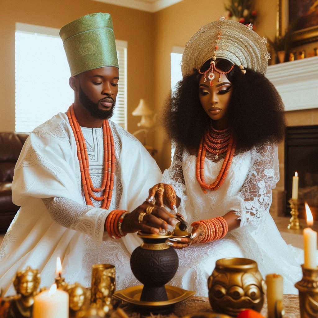 Nigerian couple in traditional attire in Texas.