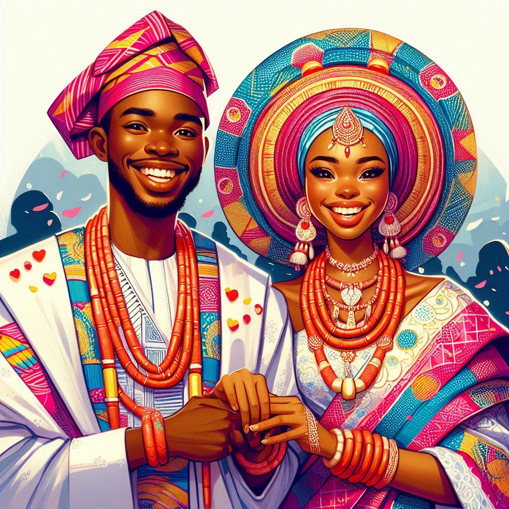 A happy Nigerian couple dressed in traditional attire in Texas. 