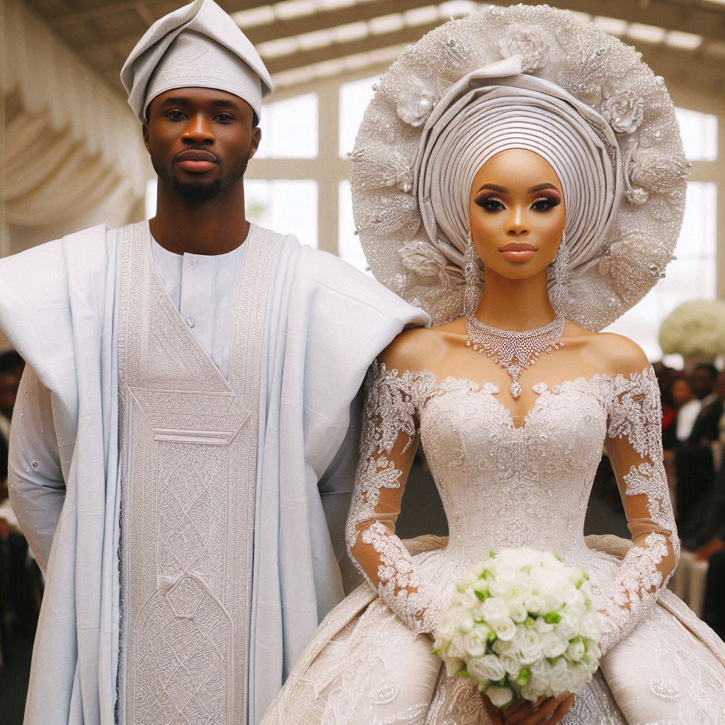 A bride in a Western-style white wedding dress adorned with a traditional Nigerian gele, standing next to a groom in a Nigerian agbada.