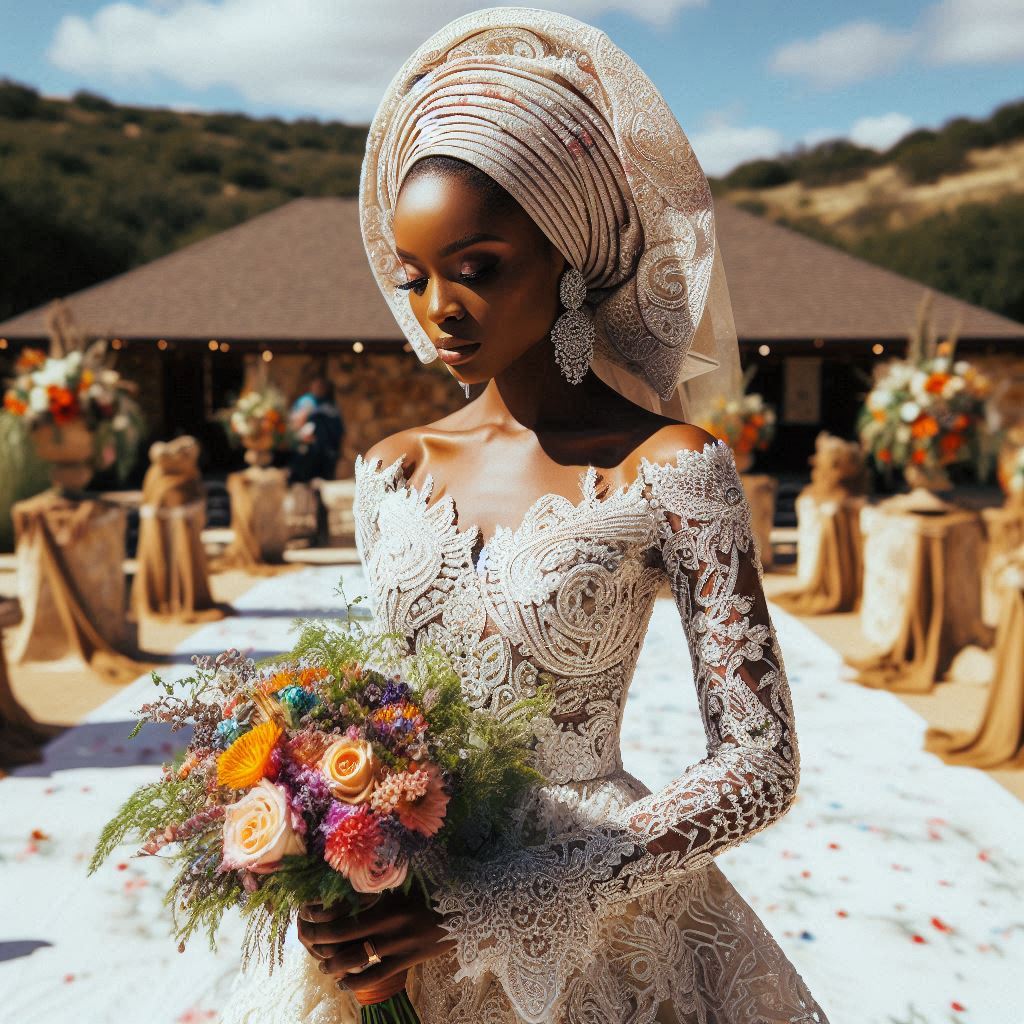 A bride wearing a traditional Nigerian lace wedding gown, adorned with intricate beadwork, standing in a beautiful outdoor setting in Texas.