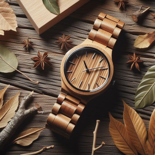 beautifully crafted wooden watches displayed against a backdrop of natural elements.