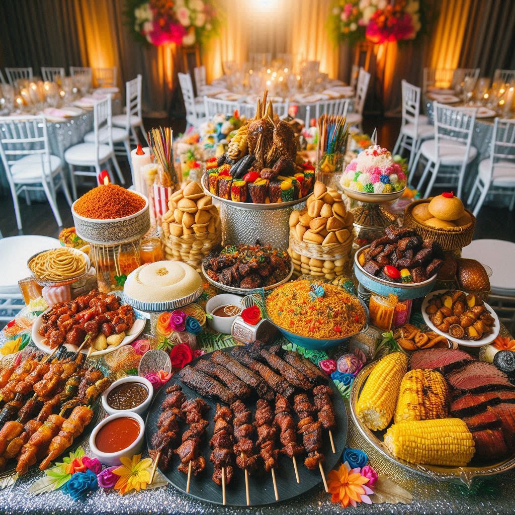 A vibrant wedding banquet table featuring a fusion of Nigerian and Texan dishes. 