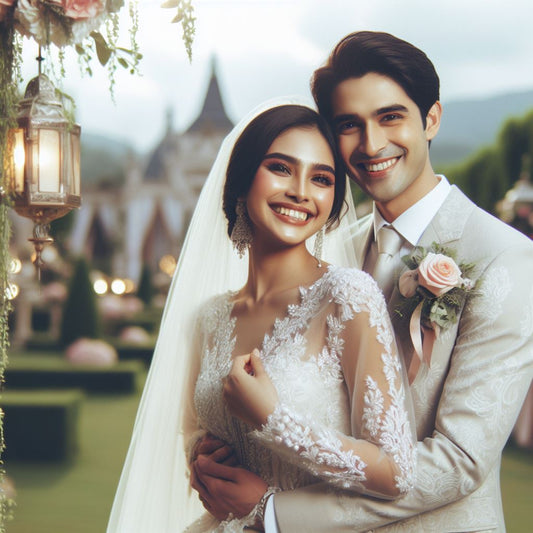 A wedding couple posing in front of a scenic backdrop.