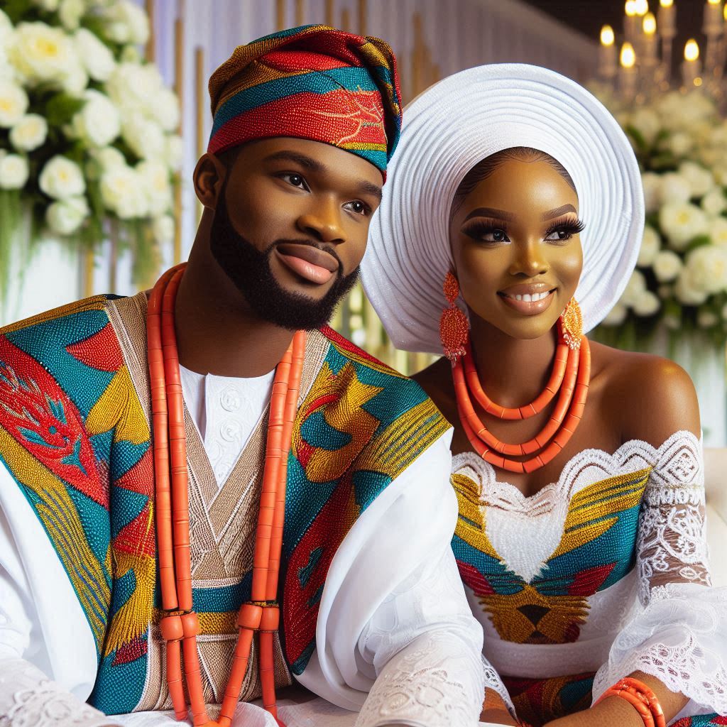 A beautifully decorated event space in Atlanta showcasing a Nigerian bride in an elegant Aso Oke, next to her groom in a matching Agbada.