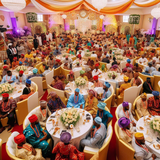 A bustling wedding venue adorned with vibrant Nigerian decor.