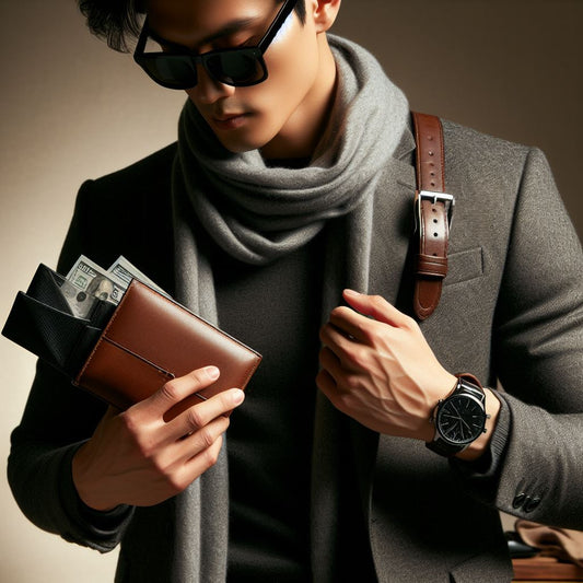 A sophisticated man wearing a classic watch, leather belt, stylish sunglasses, lightweight scarf, and holding a sleek wallet, 