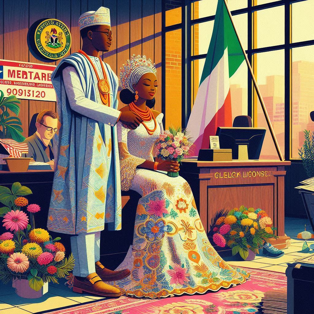 A vibrant image showcasing a Nigerian wedding in Texas. The couple, dressed in traditional Nigerian attire, stands before a county clerk's office, holding their marriage license. 