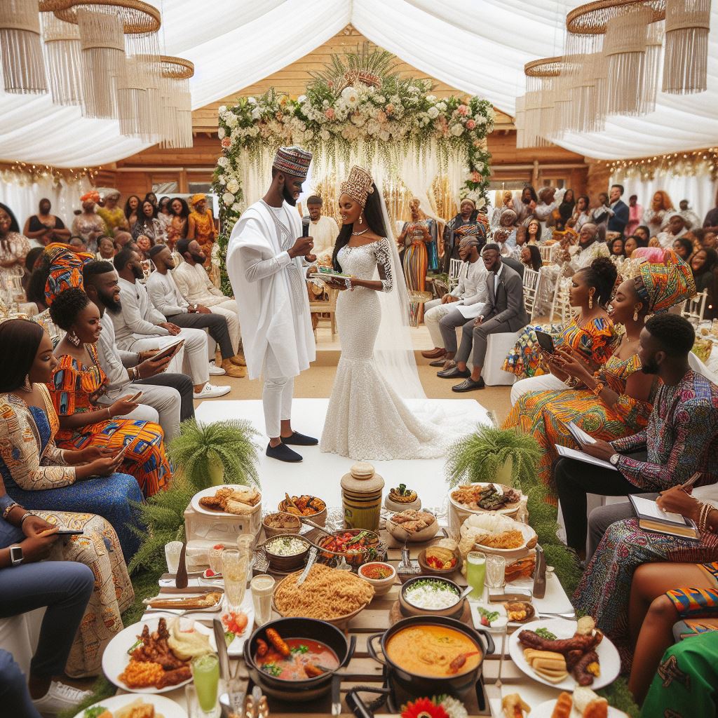 a bride and groom exchanging vows in a beautifully decorated venue.