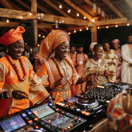 A live band playing in a traditional Nigerian instruments, and guests dancing enthusiastically in colorful traditional attire.