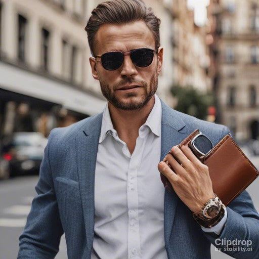 Stylish man with classic watch, leather belt, sunglasses, pocket square, and leather wallet, showcasing essential accessories.