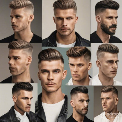 Group of men showcasing various hairstyles, from classic crew cuts to modern textured crops, exuding confidence and style, highlighting versatility in men's hairstyles for 2024