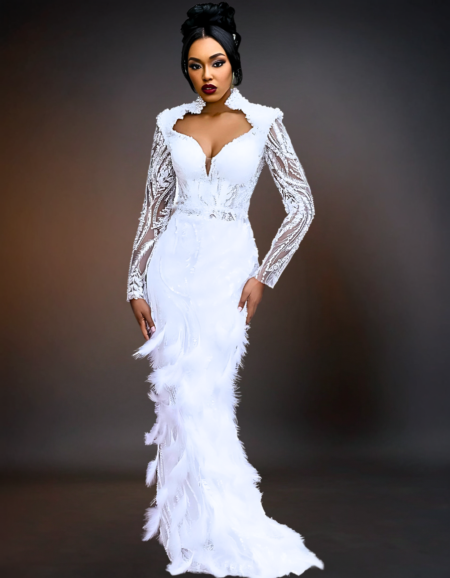 Exquisite lace mermaid wedding gown with intricate detailing and elegant design.