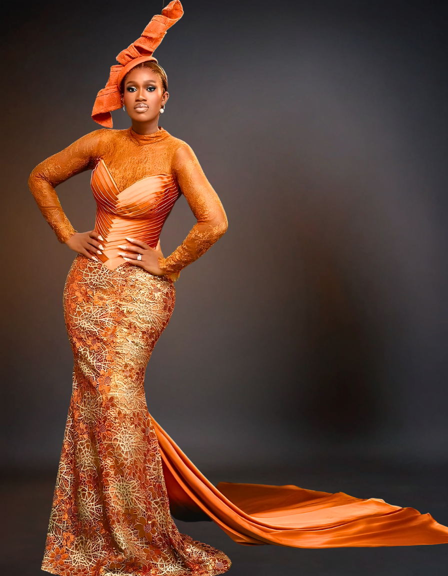 Luxury Party Long Sleeve Dress Orange OTUNBA