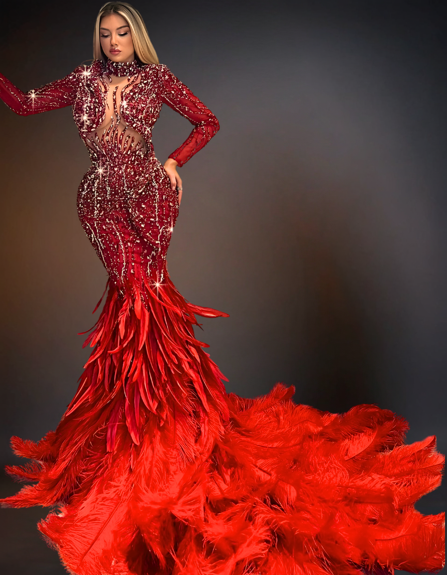 A striking red prom dress with a luxurious, sexy design.