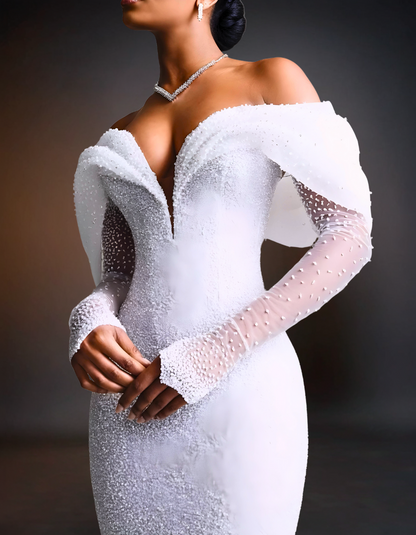 Luxury Mermaid Wedding Dress with Long Sleeves and Off-Shoulder