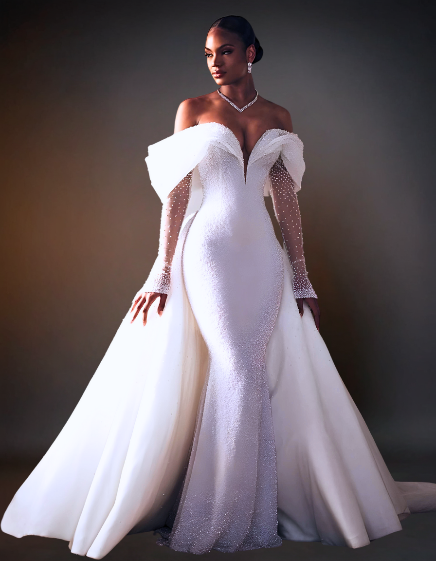 Luxury Mermaid Wedding Dress with Long Sleeves and Off-Shoulder