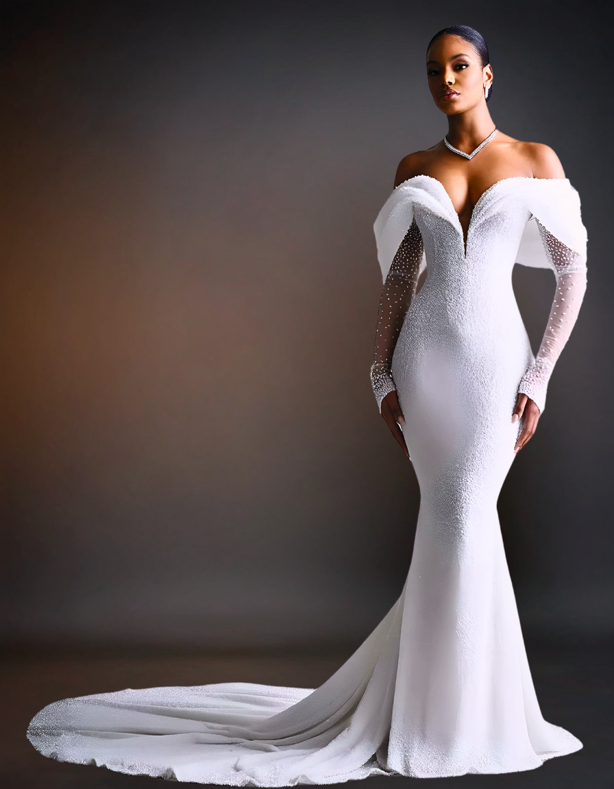 Luxury Mermaid Wedding Dress | Long Sleeves OffShoulder