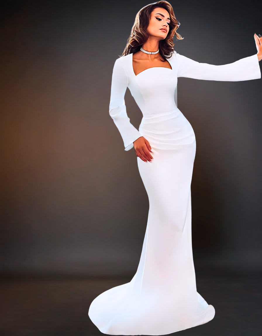 Luxury Long Sleeve Satin Wedding Dress | Detachable Tail