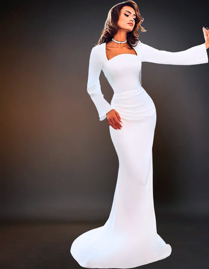 A luxurious long sleeve satin wedding dress 