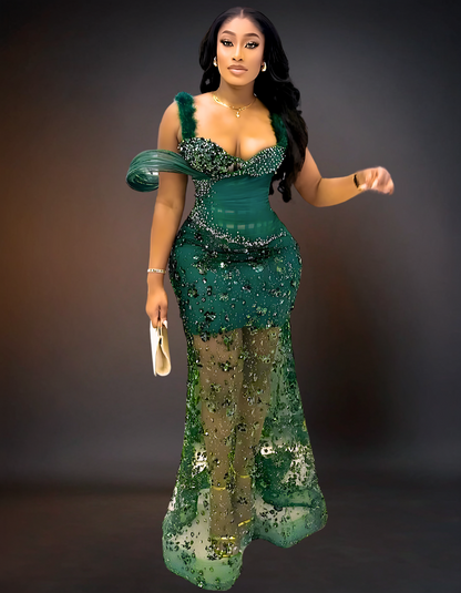 Emerald green luxury long prom lace dress, elegant evening wear for special occasions