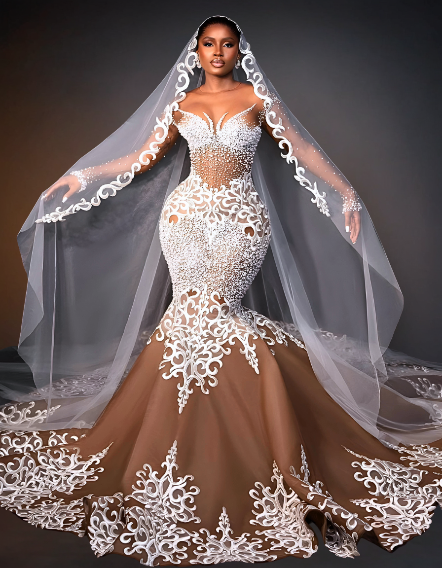 Luxury White Lace Wedding Dress | Brown Gown with Long Veil