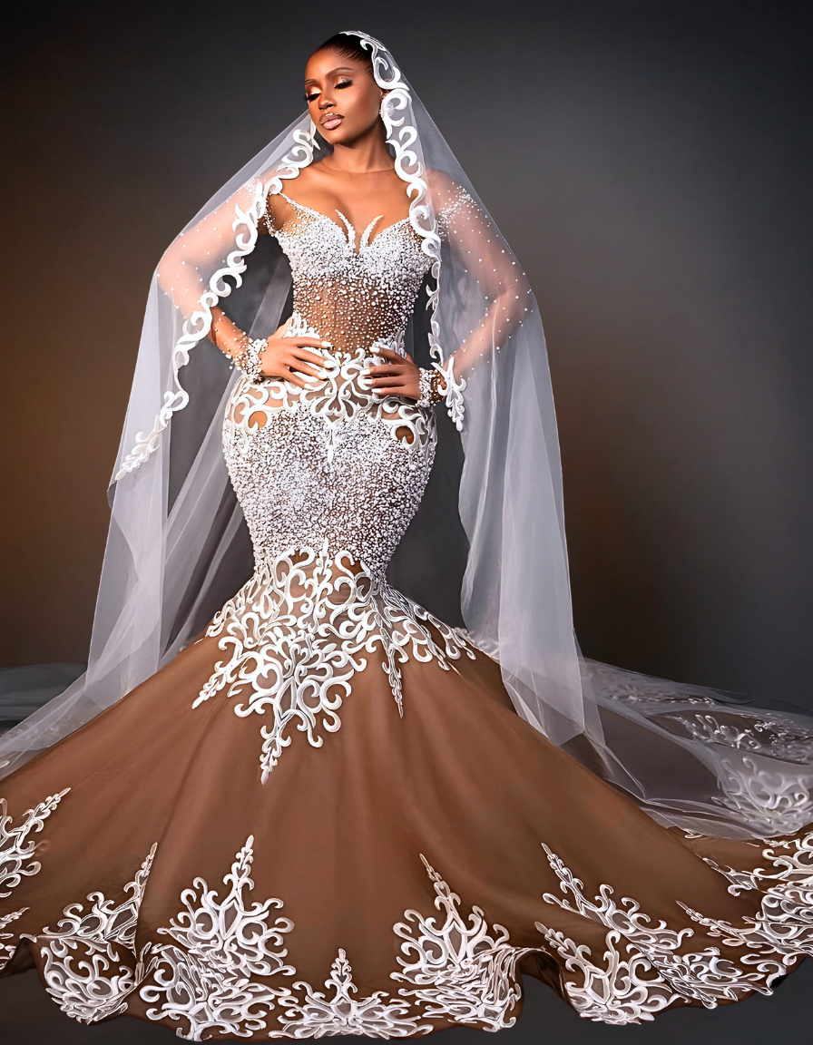 Luxury White Lace Wedding Dress | Brown Gown with Long Veil