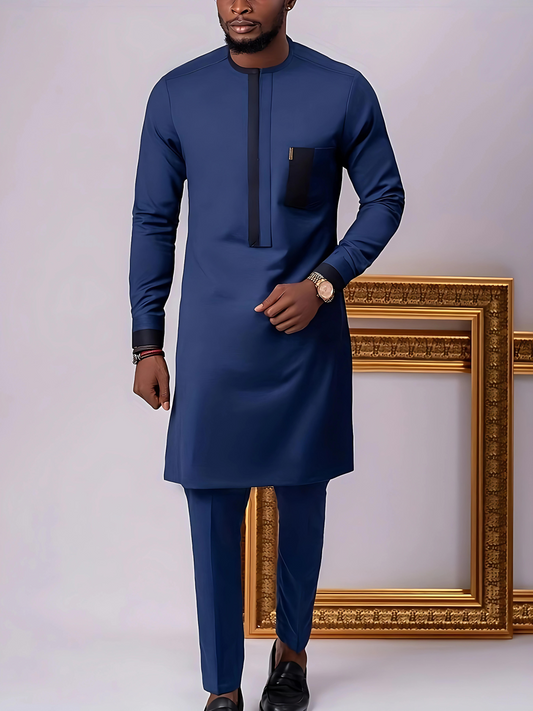 African Men Kaftan, Men's Outfit Set, Long Sleeve Robe, Drawstring Trousers, Blue Color