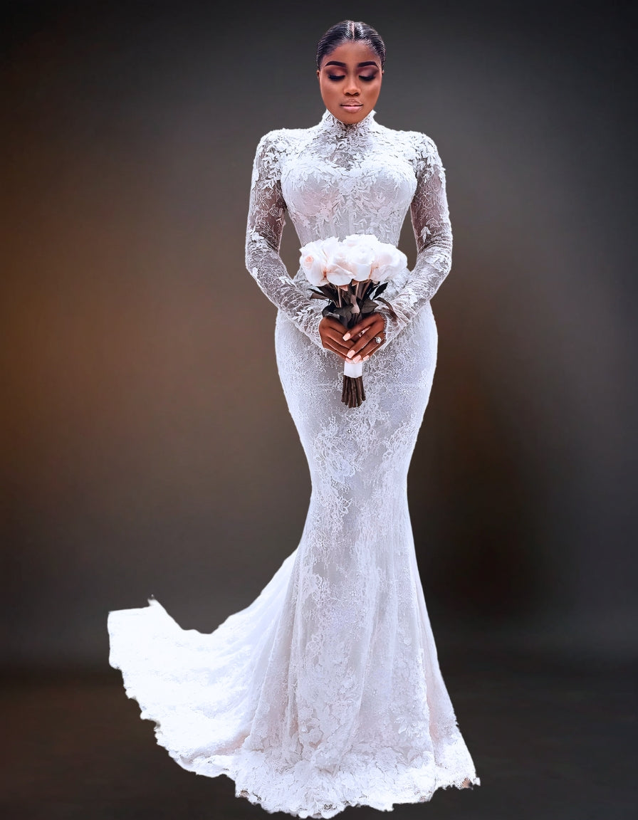 Luxury Mermaid Shiny Beads Pearls Wedding Dress | Long Sleeve Turtle Neck